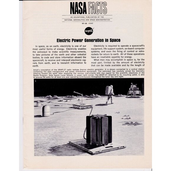 NASA Facts NF-38 Electric Power in Space 1967 Tech Manual 20pgs Vintage NASA - Picture 1 of 10